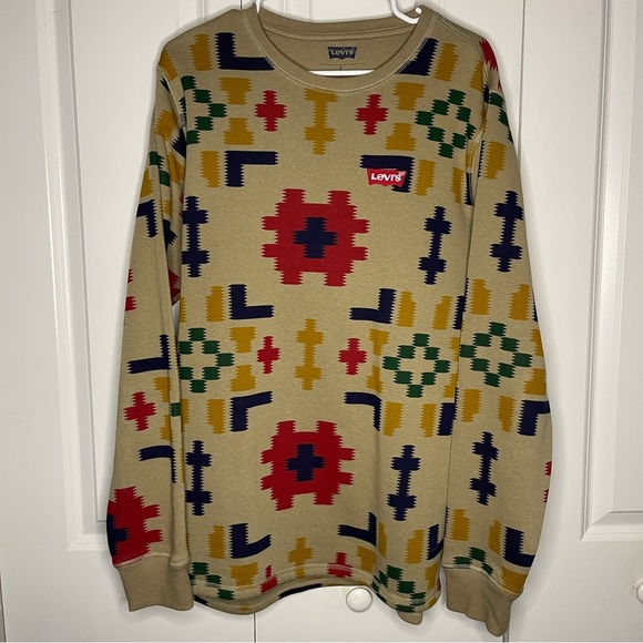 Levi’s Southwestern Estela Aztec Sweatshirt Size Large Tan Camel Brown Logo Mens - Picture 1 of 8